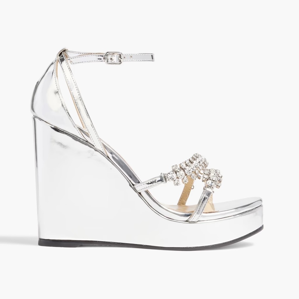Jimmy Choo Silver Metallic Bing 120 Crystal Embellished Wedge Sandal
